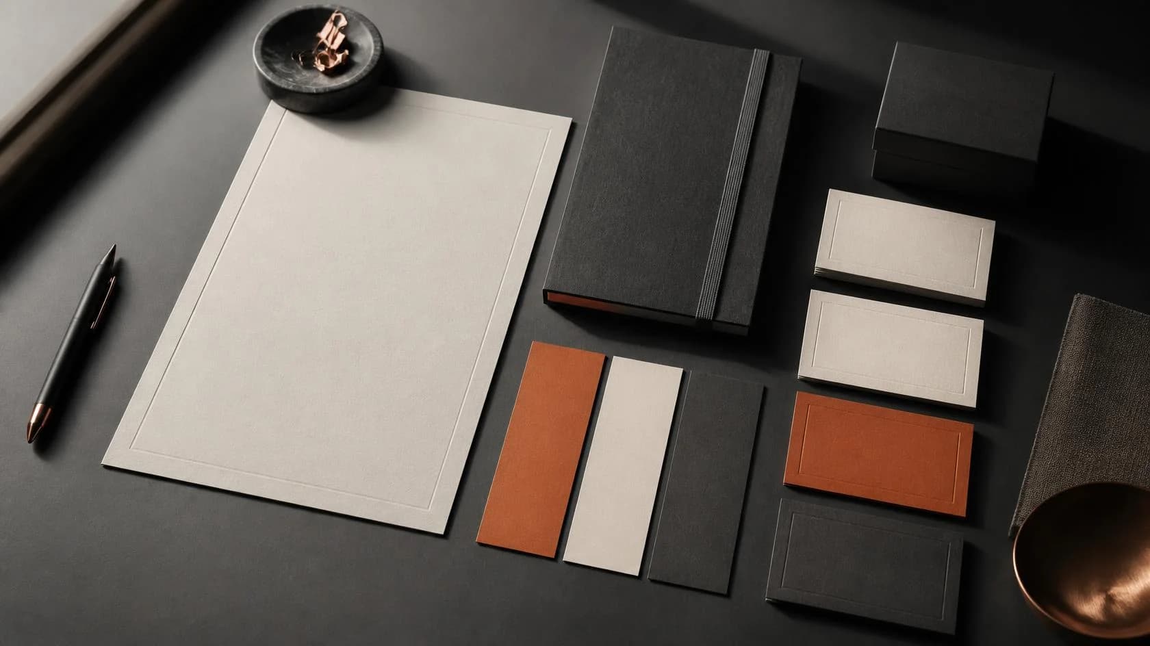 A premium brand identity set — stationery, notebook and orange colour swatches on a dark desk