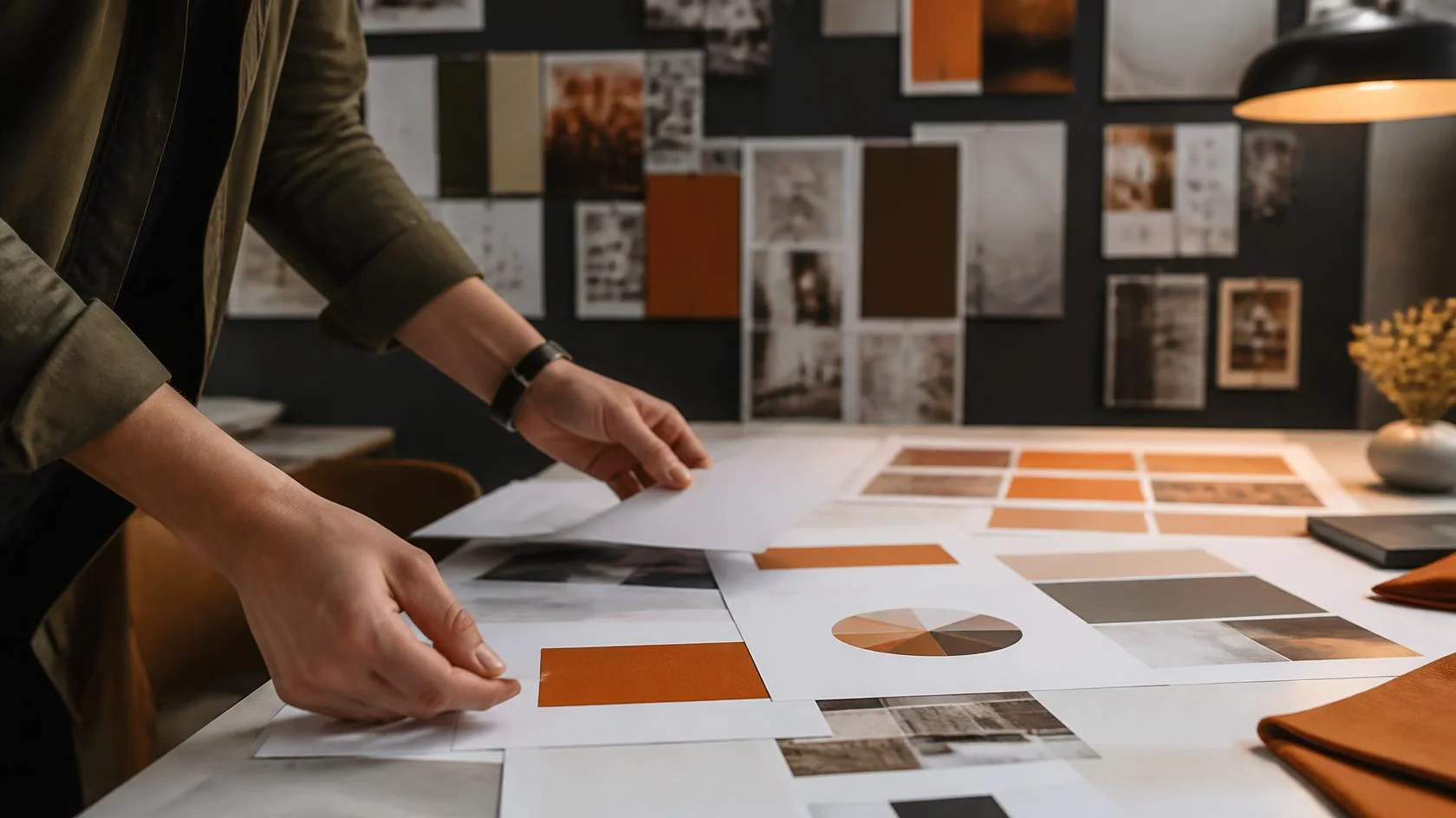 A designer arranging brand guideline pages and colour swatches in the studio